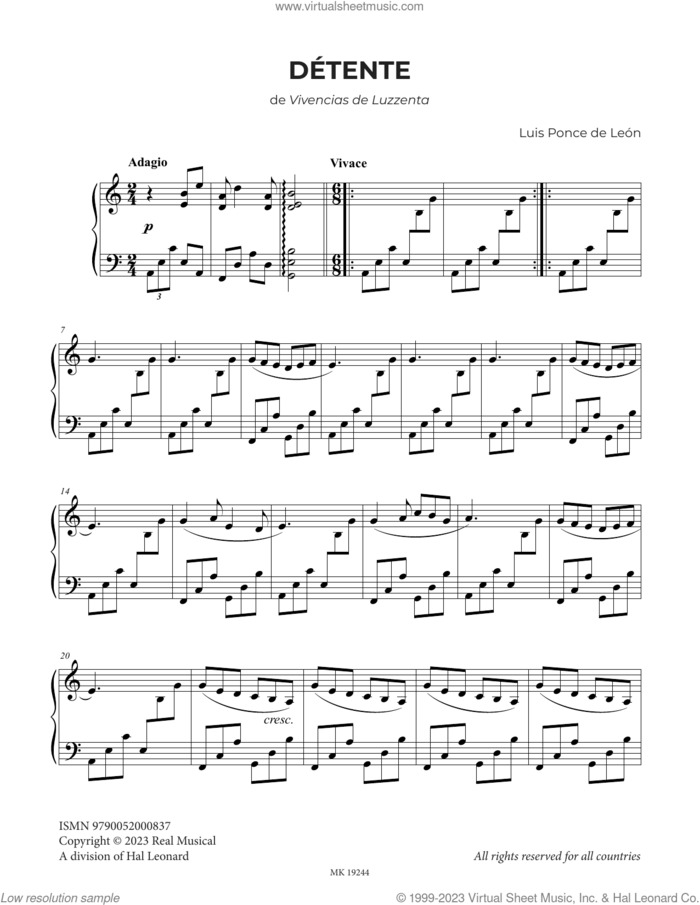 Detente sheet music for piano solo by Luis Ponce de León, classical score, intermediate skill level