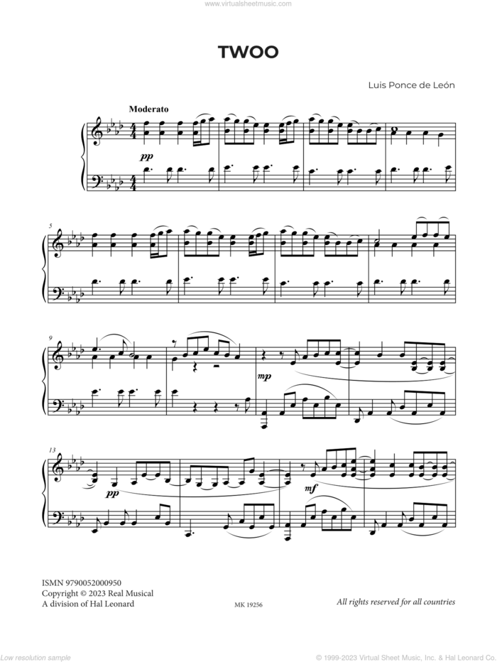 Twoo sheet music for piano solo by Luis Ponce de León, classical score, intermediate skill level