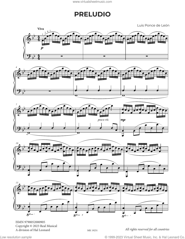 Preludio sheet music for piano solo by Luis Ponce de León, classical score, intermediate skill level