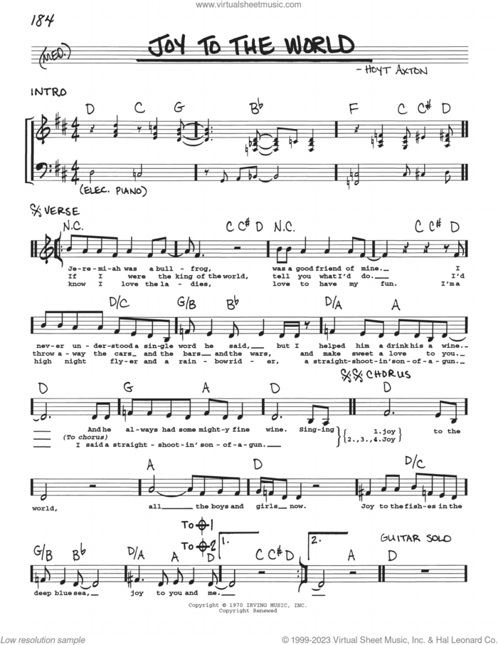 Joy To The World sheet music for voice and other instruments (real book with lyrics) by Three Dog Night and Hoyt Axton, intermediate skill level