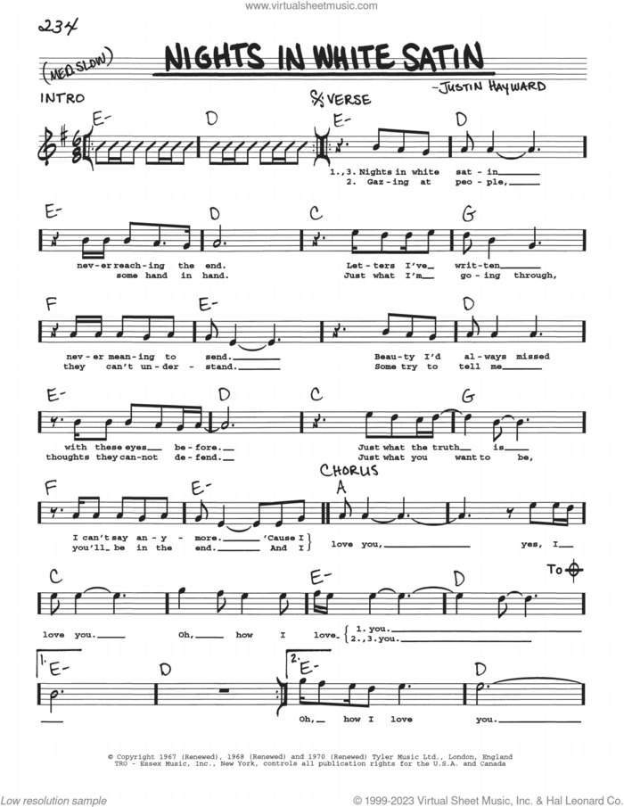 Nights In White Satin sheet music for voice and other instruments (real book with lyrics) by The Moody Blues and Justin Hayward, intermediate skill level