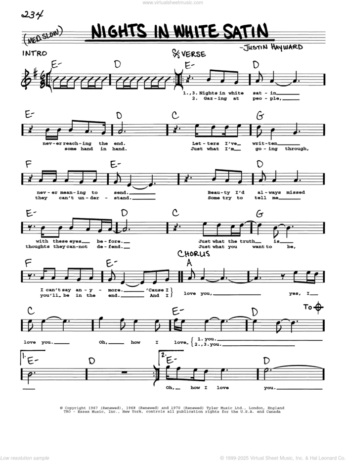 Nights In White Satin sheet music for voice and other instruments (real book with lyrics) by The Moody Blues and Justin Hayward, intermediate skill level