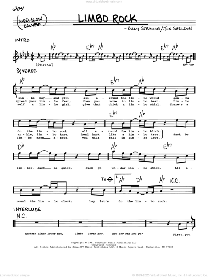 Limbo Rock sheet music for voice and other instruments (real book with lyrics) by Chubby Checker, Billy Strange and Jon Sheldon, intermediate skill level