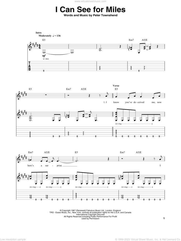 I Can See For Miles sheet music for guitar (tablature, play-along) by The Who and Pete Townshend, intermediate skill level