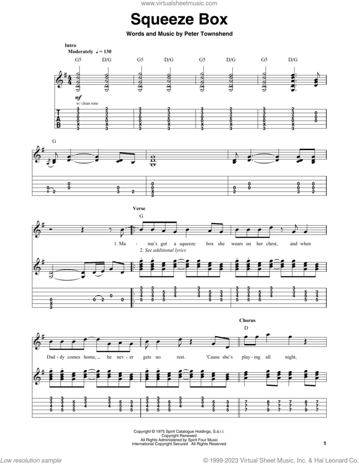 Squeeze Box sheet music for guitar (tablature, play-along) by The Who and Pete Townshend, intermediate skill level