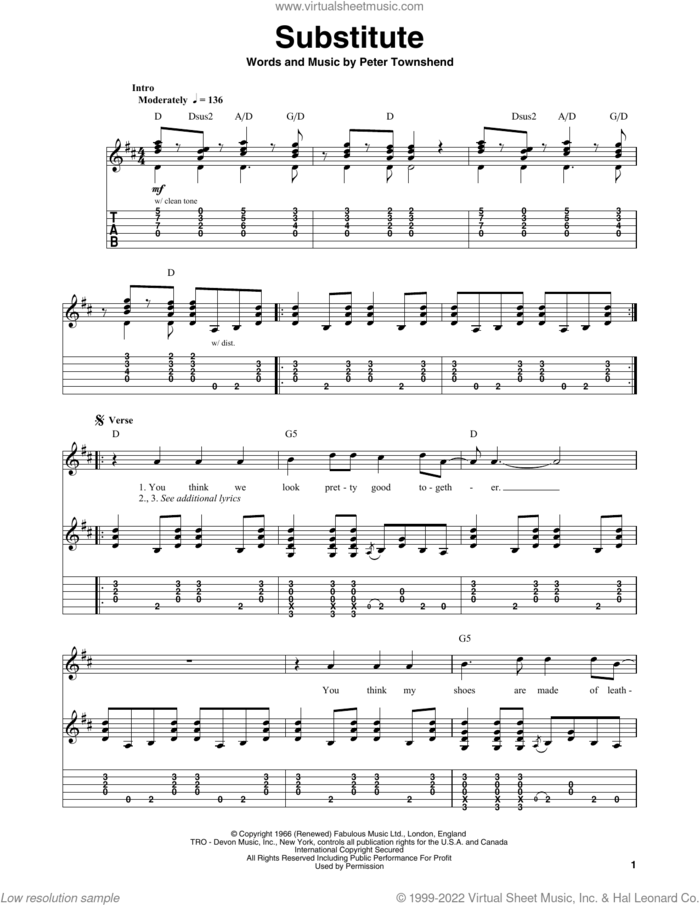 Substitute sheet music for guitar (tablature, play-along) by The Who and Pete Townshend, intermediate skill level