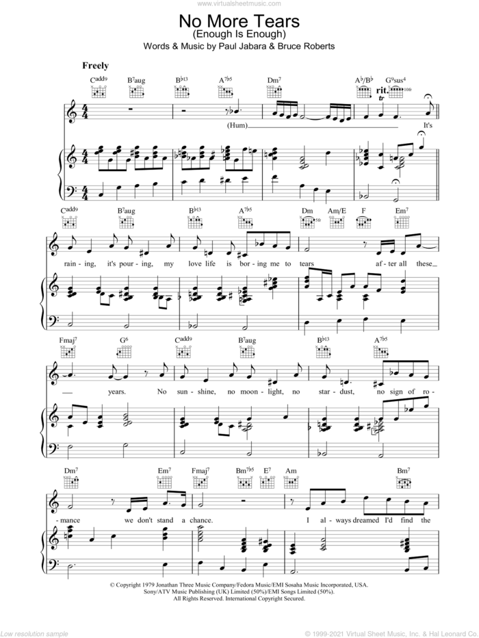 No More Tears (Enough Is Enough) sheet music for voice, piano or guitar by Barbra Streisand and Donna Summer, intermediate skill level