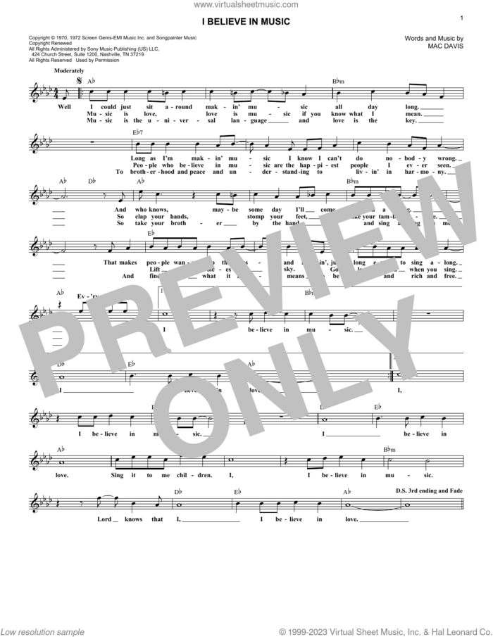 I Believe In Music sheet music for voice and other instruments (fake book) by Mac Davis and Gallery, intermediate skill level