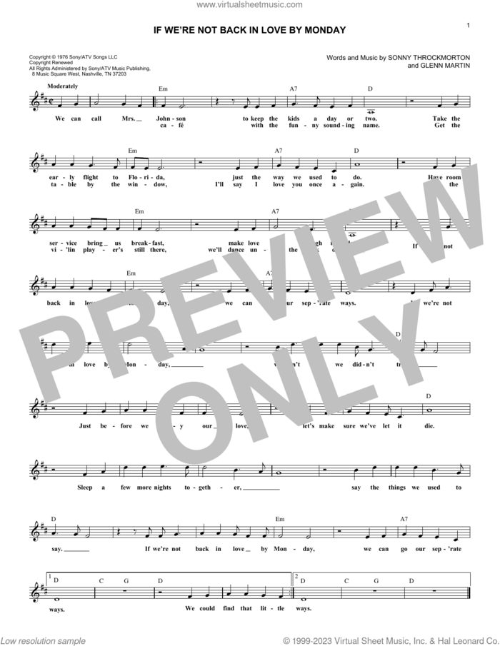 If We're Not Back In Love By Monday sheet music for voice and other instruments (fake book) by Merle Haggard, Glenn Martin and Sonny Throckmorton, intermediate skill level