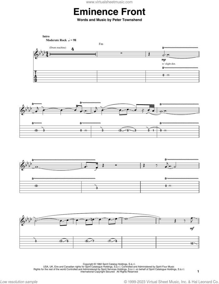 Eminence Front sheet music for guitar (tablature, play-along) by The Who and Pete Townshend, intermediate skill level