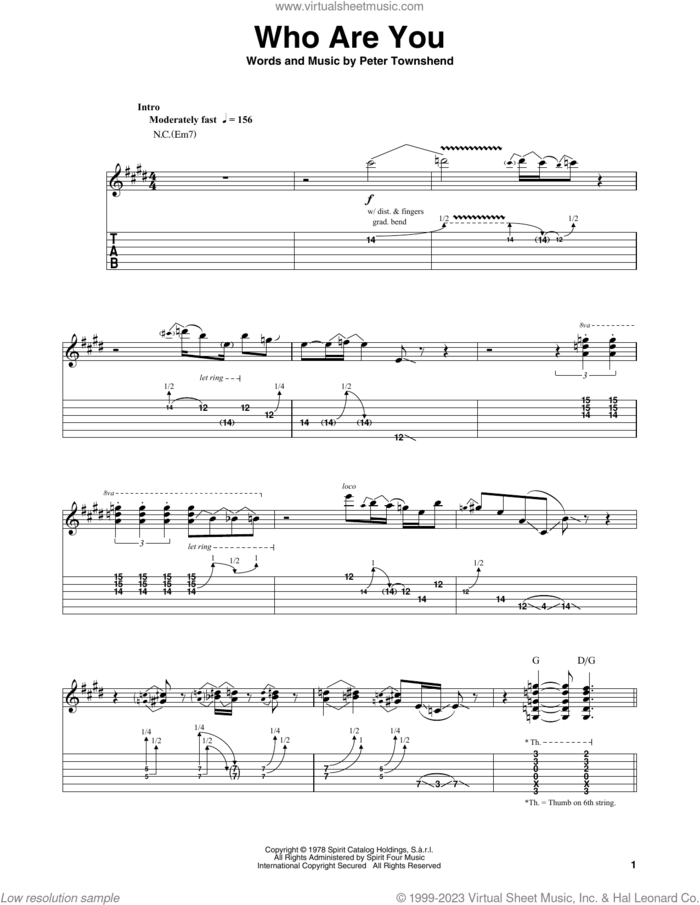 Who Are You sheet music for guitar (tablature, play-along) by The Who and Pete Townshend, intermediate skill level