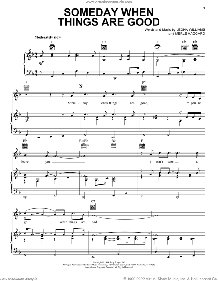 Someday When Things Are Good sheet music for voice, piano or guitar by Merle Haggard and Leona Williams, intermediate skill level