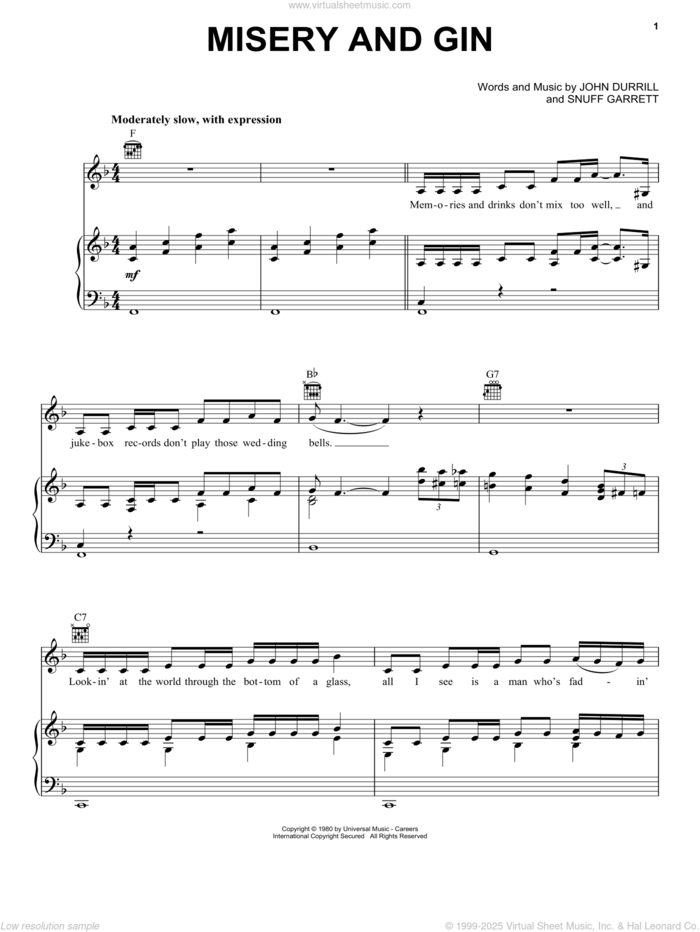 Misery And Gin sheet music for voice, piano or guitar by Merle Haggard, John Durrill and Snuff Garrett, intermediate skill level