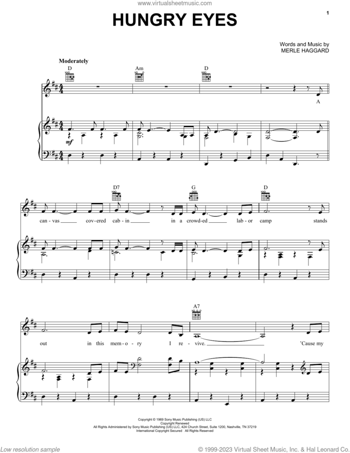 Hungry Eyes sheet music for voice, piano or guitar by Merle Haggard, intermediate skill level