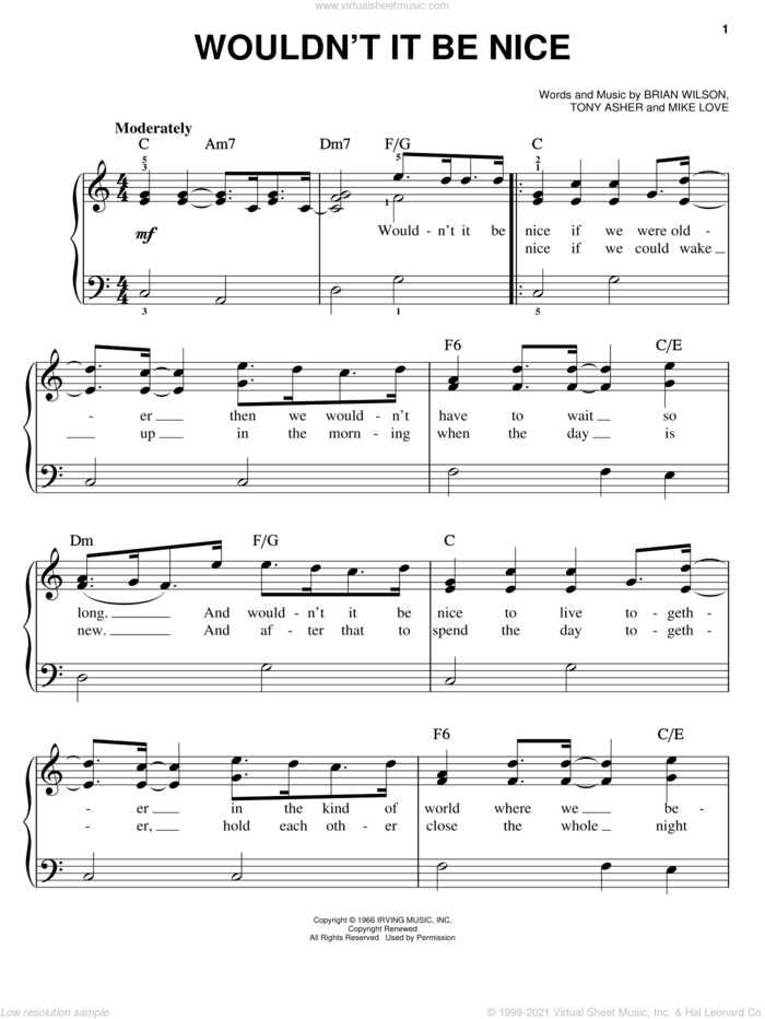 Wouldn't It Be Nice sheet music for piano solo by The Beach Boys, Brian Wilson, Mike Love and Tony Asher, easy skill level