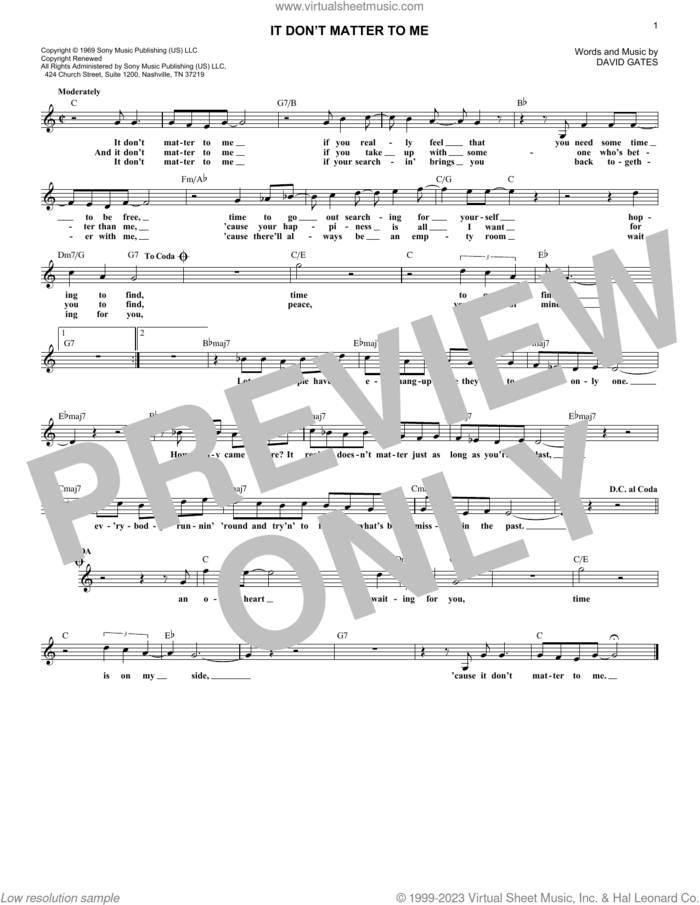 It Don't Matter To Me sheet music for voice and other instruments (fake book) by Bread and David Gates, intermediate skill level