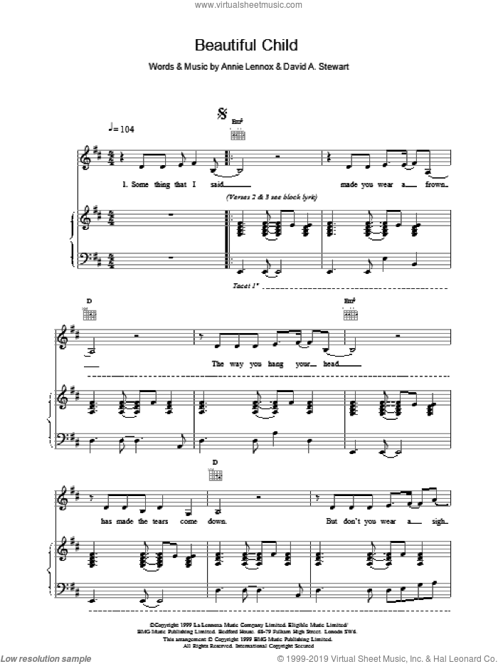 Beautiful Child sheet music for voice, piano or guitar by Eurythmics, intermediate skill level