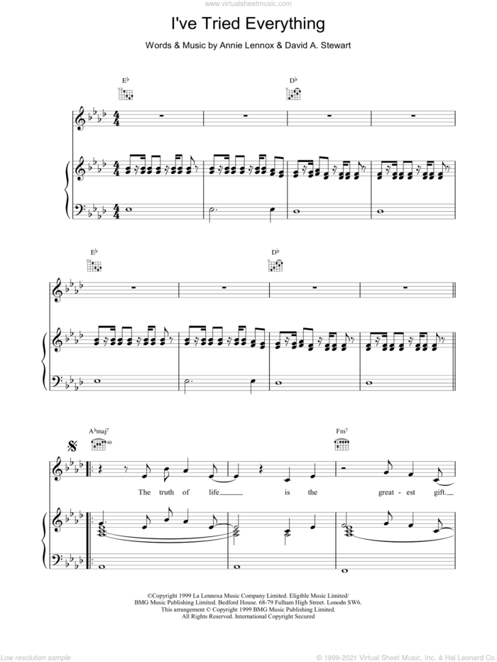 I've Tried Everything sheet music for voice, piano or guitar by Eurythmics, intermediate skill level