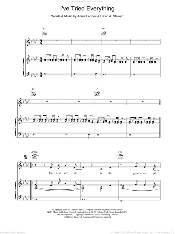 I've Tried Everything sheet music for voice, piano or guitar by Eurythmics, intermediate skill level