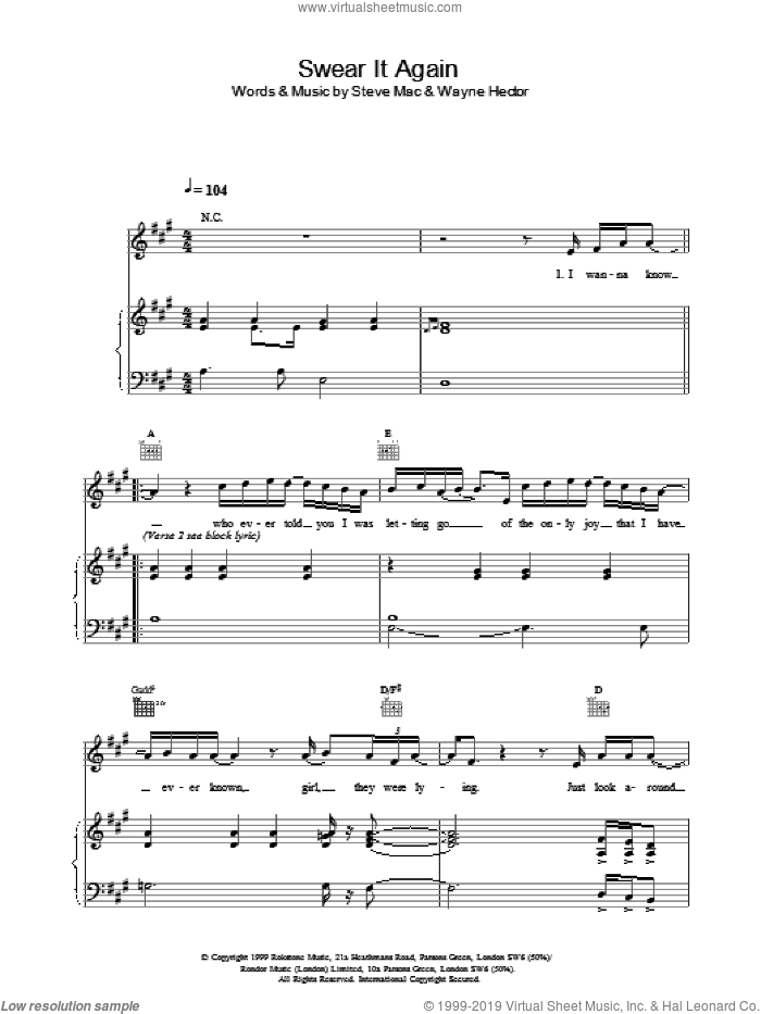 Swear It Again sheet music for voice, piano or guitar by Westlife, intermediate skill level