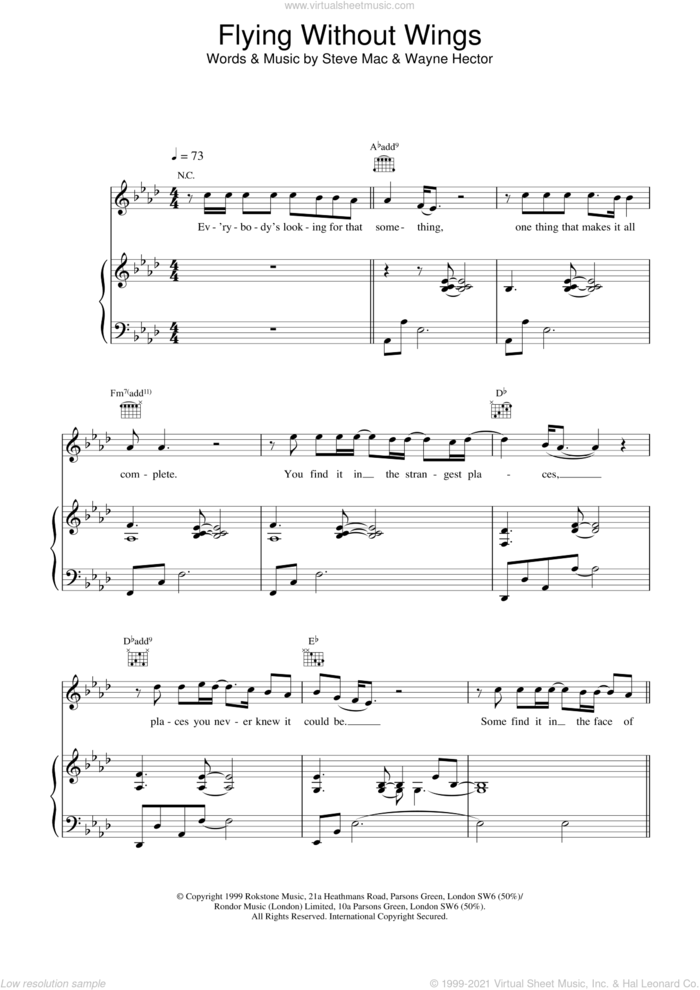 Flying Without Wings sheet music for voice, piano or guitar by Westlife, intermediate skill level
