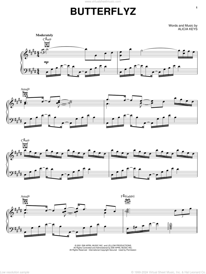 Butterflyz sheet music for voice, piano or guitar by Alicia Keys, intermediate skill level