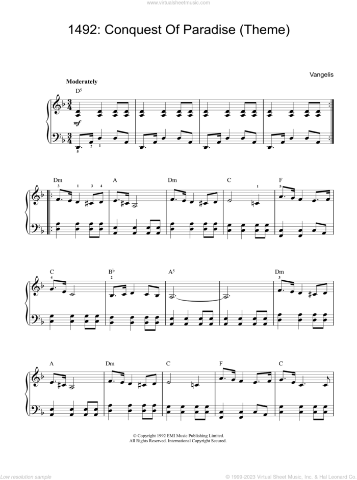 Theme from 1492: Conquest of Paradise sheet music for piano solo by Vangelis, intermediate skill level