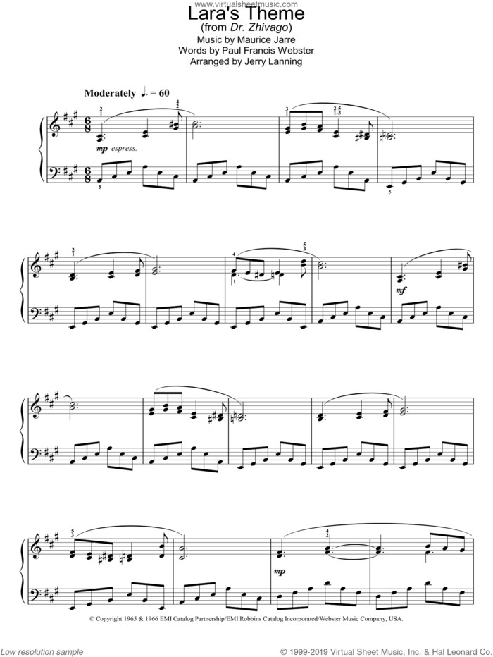 Lara's Theme (from Dr Zhivago) sheet music for piano solo by Maurice Jarre, intermediate skill level
