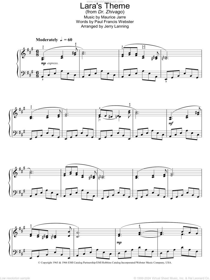 Lara's Theme (from Dr Zhivago) sheet music for piano solo by Maurice Jarre, intermediate skill level