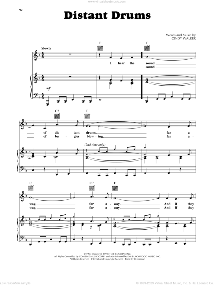 Distant Drums sheet music for voice, piano or guitar by Jim Reeves and Cindy Walker, intermediate skill level