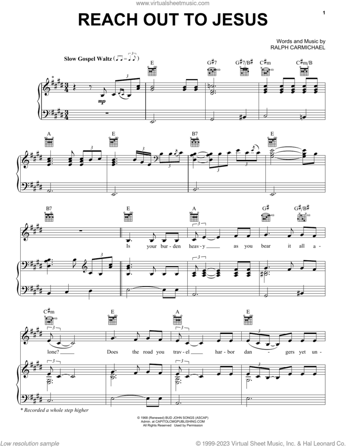 Reach Out To Jesus sheet music for voice, piano or guitar by Elvis Presley and Ralph Carmichael, intermediate skill level