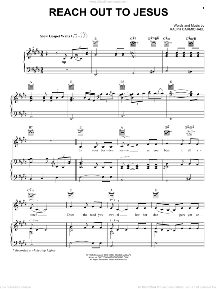 Reach Out To Jesus sheet music for voice, piano or guitar by Elvis Presley and Ralph Carmichael, intermediate skill level