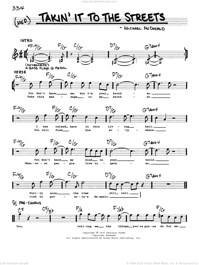 Takin' It To The Streets sheet music for voice and other instruments (real book with lyrics) by The Doobie Brothers and Michael McDonald, intermediate skill level