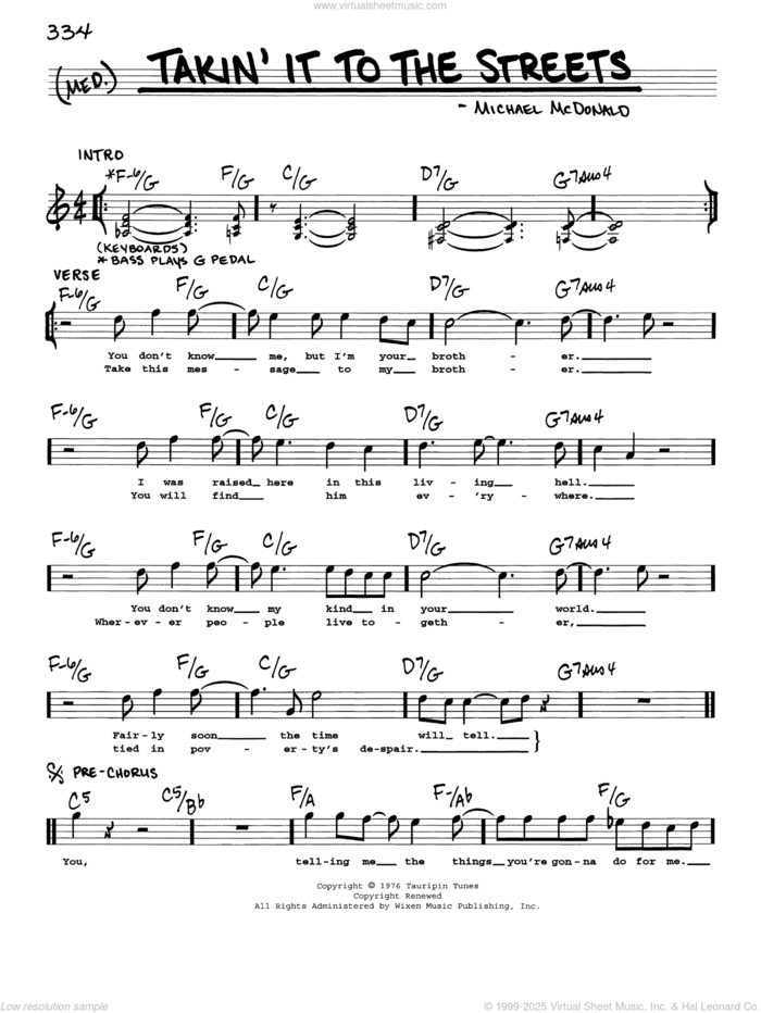 Takin' It To The Streets sheet music for voice and other instruments (real book with lyrics) by The Doobie Brothers and Michael McDonald, intermediate skill level