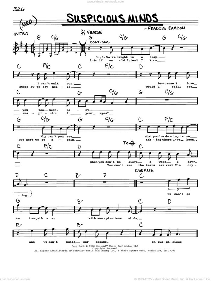 Suspicious Minds sheet music for voice and other instruments (real book with lyrics) by Elvis Presley, Dwight Yoakam and Francis Zambon, intermediate skill level