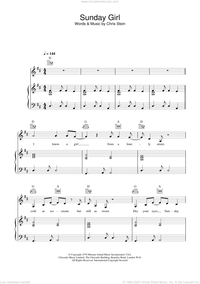 Sunday Girl sheet music for voice, piano or guitar by Blondie and Chris Stein, intermediate skill level