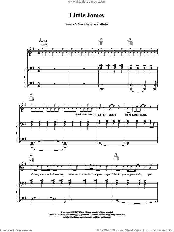 Little James sheet music for voice, piano or guitar by Oasis, intermediate skill level
