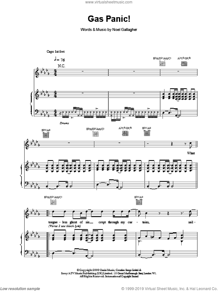 Gas Panic! sheet music for voice, piano or guitar by Oasis, intermediate skill level