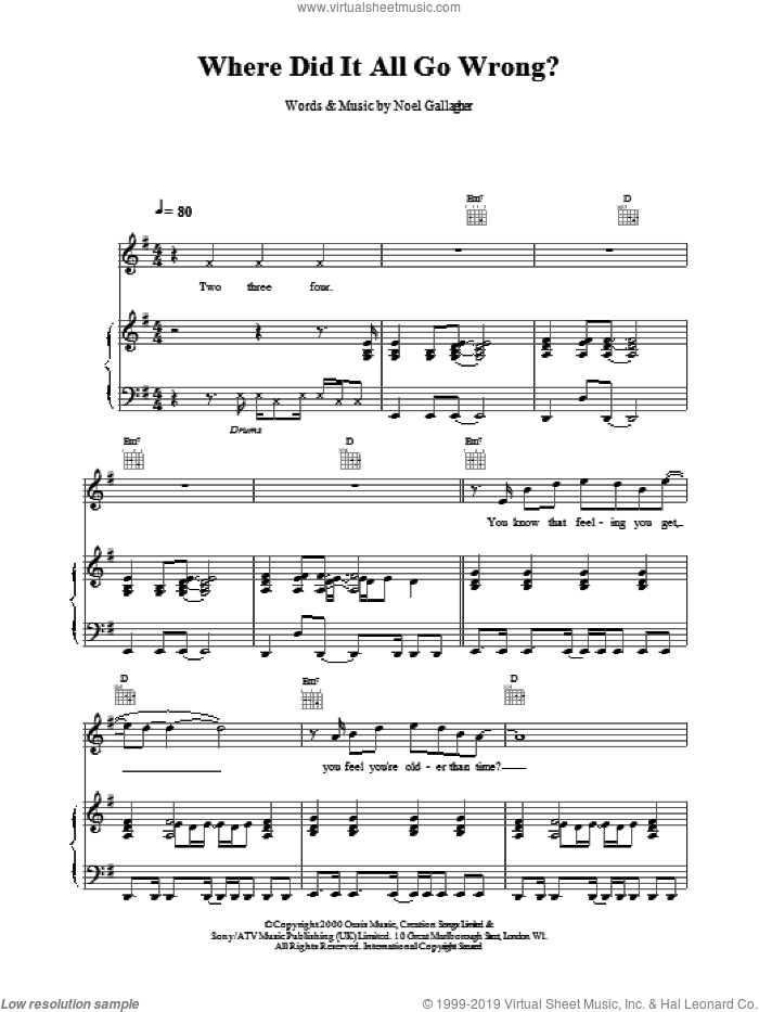 Where Did It All Go Wrong? sheet music for voice, piano or guitar by Oasis, intermediate skill level