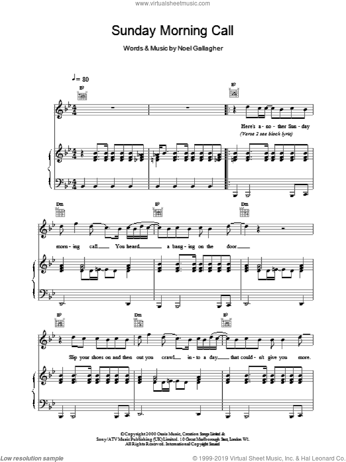 Sunday Morning Call sheet music for voice, piano or guitar by Oasis, intermediate skill level