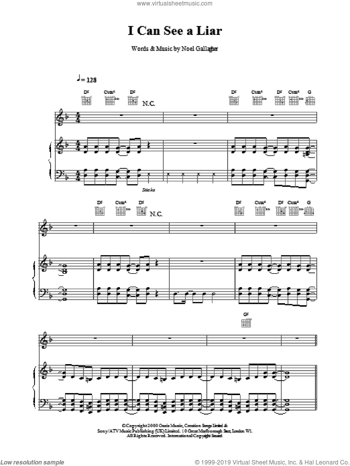 I Can See A Liar sheet music for voice, piano or guitar by Oasis, intermediate skill level