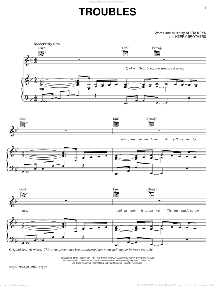 Troubles sheet music for voice, piano or guitar by Alicia Keys and Kerry Brothers, intermediate skill level