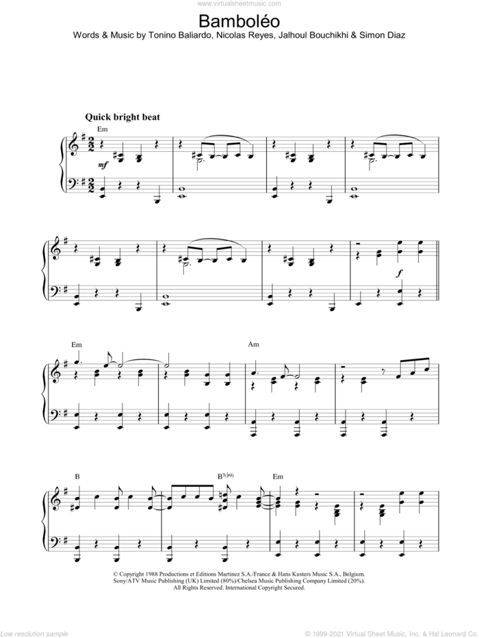 BambolEo sheet music for piano solo by The Gipsy Kings, intermediate skill level