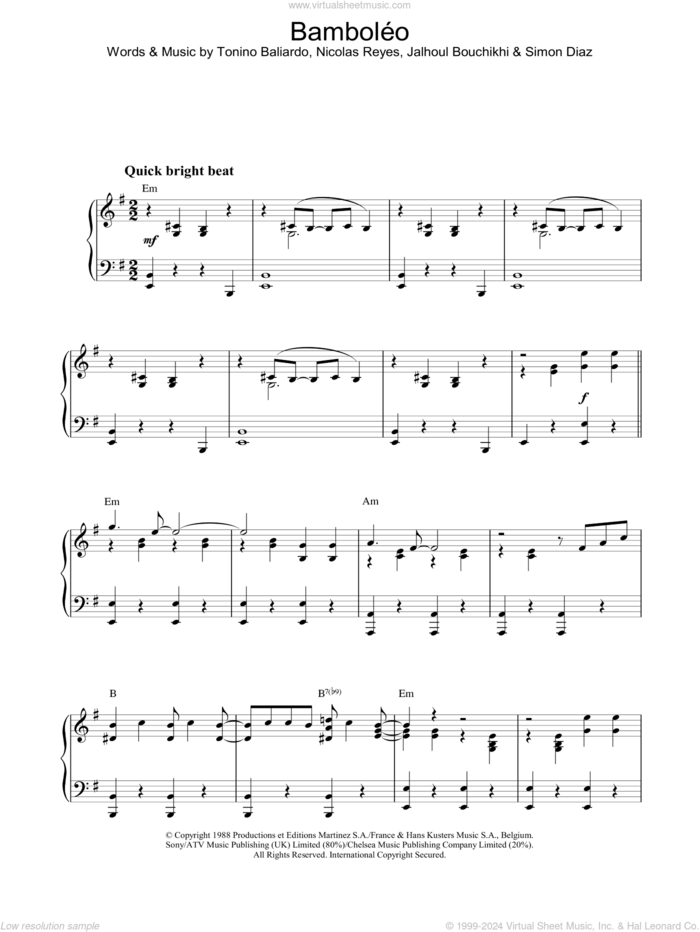 BambolEo sheet music for piano solo by The Gipsy Kings, intermediate skill level