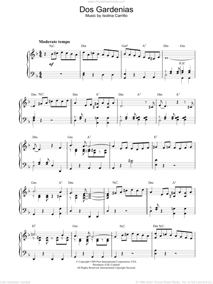 Dos Gardenias sheet music for piano solo by The Buena Vista Social Club and Isolina Carrillo, intermediate skill level