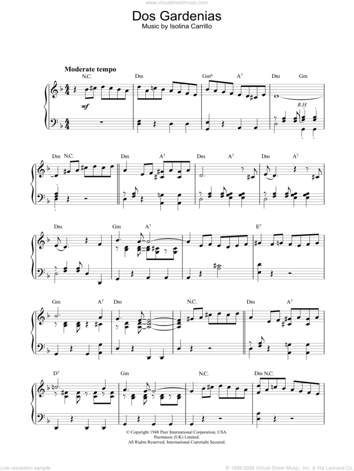 Dos Gardenias sheet music for piano solo by The Buena Vista Social Club and Isolina Carrillo, intermediate skill level