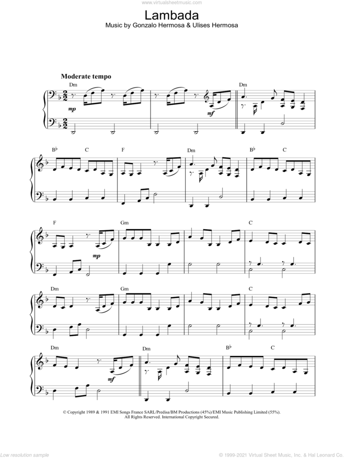 Lambada sheet music for piano solo, intermediate skill level