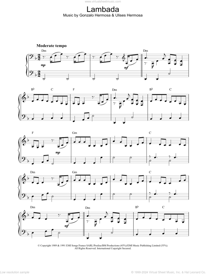 Lambada sheet music for piano solo, intermediate skill level