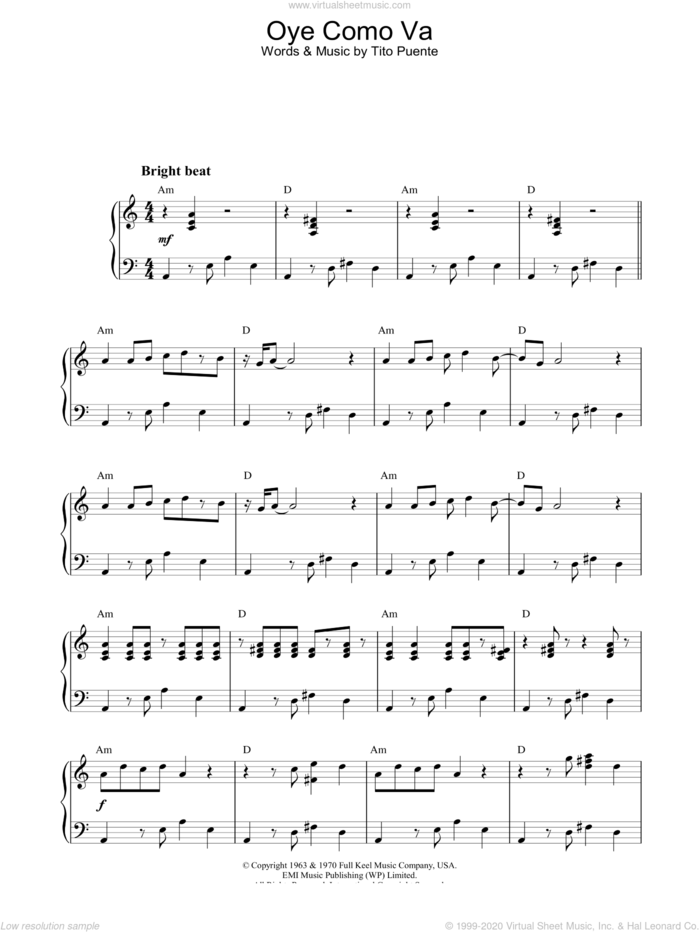 Oye Como Va sheet music for piano solo by Tito Puente, intermediate skill level