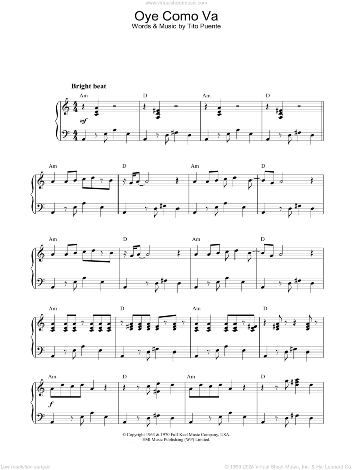 Oye Como Va sheet music for piano solo by Tito Puente, intermediate skill level